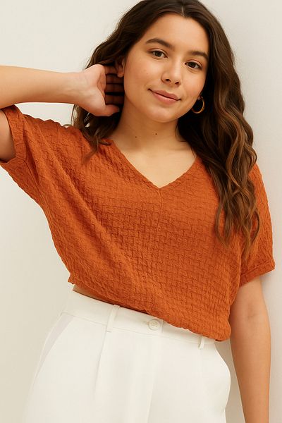 Vera Tekstil Women's Brick Color Textured V Neck Short Sleeve Summer Blouse