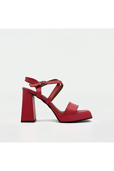 Folle Red Genuine Leather Platform Heeled Sandals – Square Toe & Cross Strap ...