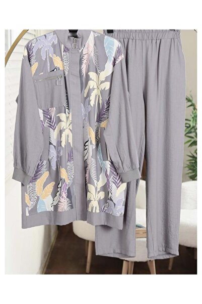 Aynaz 25Y120175 TAKIM TUNİK PANTOLON ÜSTÜ YAPRAK DESENLİ GRİ