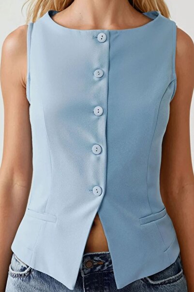 Hiccup Düğme Detaylı Kolsuz Bisiklet Yaka Yelek