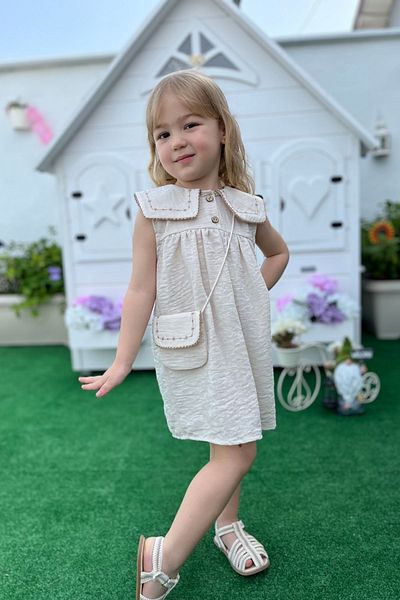 Minipodyum Baby Girl Collar Embroidered Bag Holiday Linen Dress