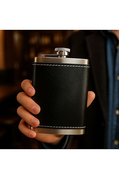 PERLOTUS Steel Whiskey Drinking Flask with 8 oz 235 Cc Funnel and Black Genuine Leather Case