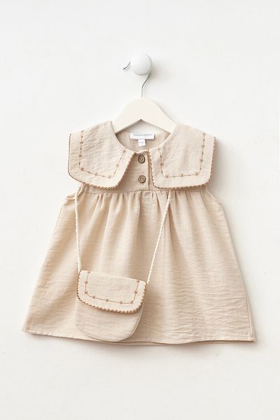 Minipodyum Baby Girl Collar Embroidered Bag Holiday Linen Dress