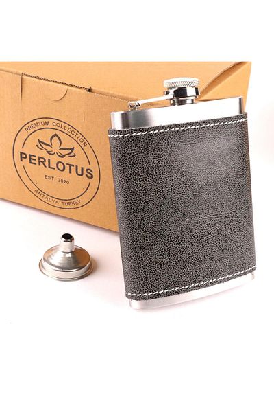 PERLOTUS Hand Stitched Gray Genuine Leather 8 oz 240 Cc Steel Whiskey Drink Flask with Funnel Christmas Gift