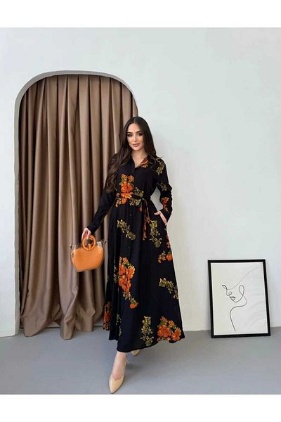 Att Style Full Length Black Floor Orange Rose Pattern Dress