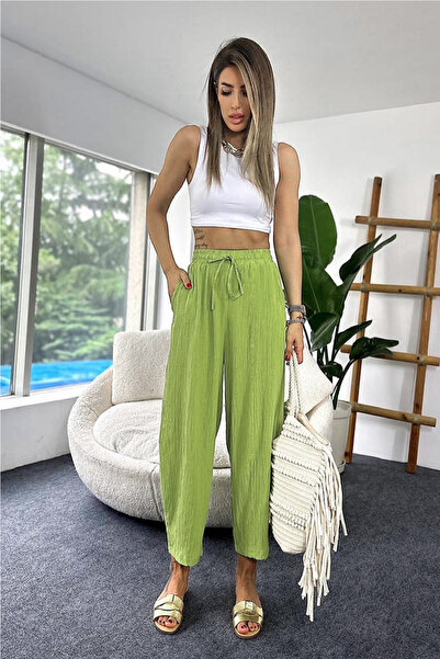 Nana & Mayka Moda Kadın Şalvar Pantolon Cepli – Yazlık Ince Gofre Kumaş, Tiril Tiril, Rahat Fıstık Yeşil
