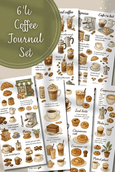 Hume Craft Set of 6 Coffee Themed Stickers Set Fit for Bullet Journal Agenda