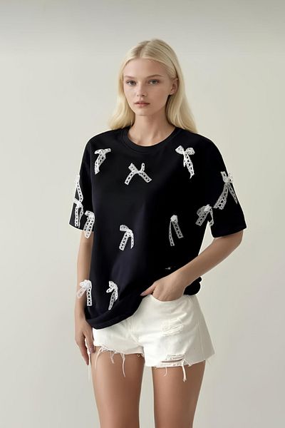 İLKCET MODA Κορδέλα Λεπτομέρεια Oversize Γυναικείο Tshirt