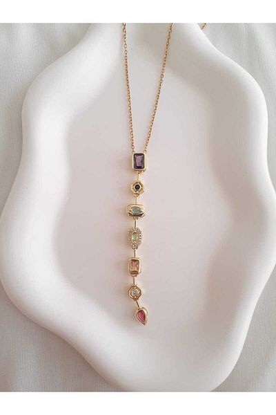 bijoux uniques Steel Gold 7 Element Stone Y Necklace