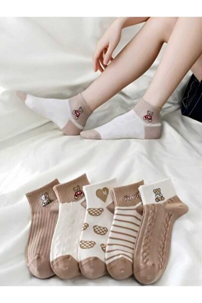 HAYEL 5 ζευγάρια λευκές καφέ χαριτωμένο αρκουδάκι με μοτίβο καρδιάς μισές γυν...