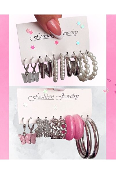 Le Manolia Accessories Çoklu Incili Kelebekli Halka Küpe 10 Çift Küpe Seti Pe...