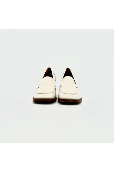 Folle Krem Hakiki Deri Topuklu Loafer – 7 cm Ahşap Topuklu