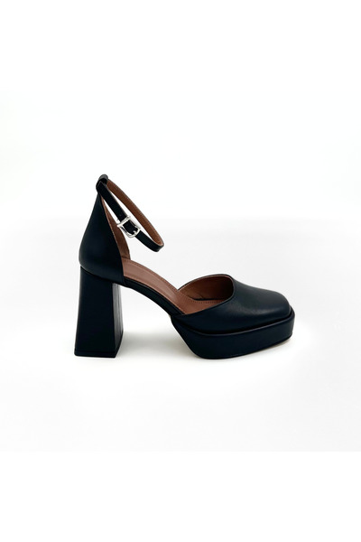 Folle Black Leather Platform Mary Jane Heeled Shoes