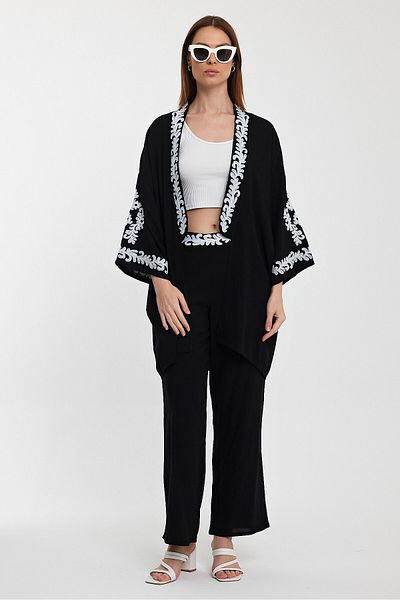 bacc Women's Black Embroidered Bottom Top Kimono Pants Suit Bcvl-24950