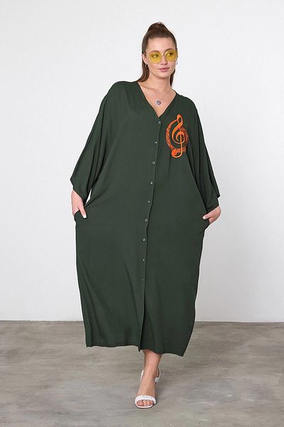 bacc Maxi Size Khaki Embroidery Embroidered Woven Viscon Dress Bcvl-25V050