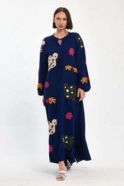 bacc Women's Navy Blue Judge Collar Embroidery Embroidered Long Woven Dress Bcvl-24915