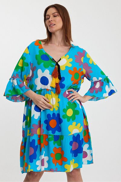 bacc Blue Floral Patterned Crew Neck Women's Dress - Bcvl-245490