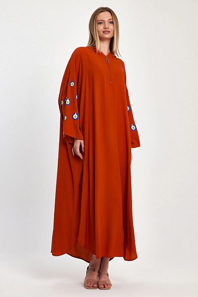 bacc Maxi Size Red Hooded Embroidery Embroidered Knitted Viscon Dress Bcvl-25981