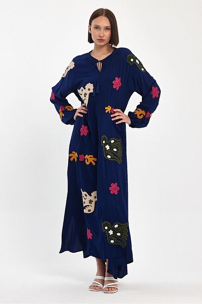 bacc Women's Navy Blue Judge Collar Embroidery Embroidered Long Woven Dress Bcvl-24915