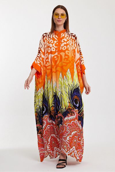 bacc Women's Orange Judge Collar Button Detailed Patterned Long Length Woven Dress Bcvl- 241037