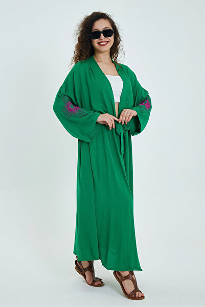 bacc Green Embroidered Belted Long Kimono Jacket - Women's Bcvl-24911