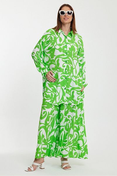 bacc Women's Green Floral Patterned Shirt and Trousers Woven Bottom Top Set Bcvl- 248223