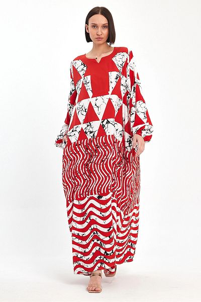 bacc Women's Red Geometric Patterned Crew Neck Long Length Loose Cut Woven Dress Bcvl- 241058