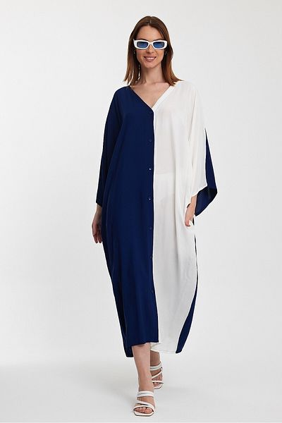 bacc Women's Navy Blue White Embroidered Color Blocked Long Length Woven Dress Bcvl-24956