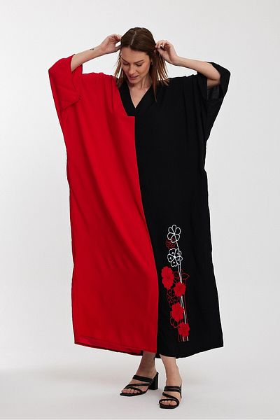 bacc Women's Red V-Neck Embroidery Embroidered Color Block Long Length Shirt Dress Bcvl-24958