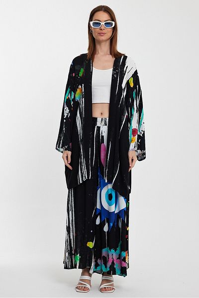 bacc Women's Black Print Pants and Long Kimono Woven Bottom Top Suit Bcvl-24976