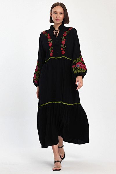bacc Maxi Size Black Embroidery Embroidered Woven Viscon Dress Bcvl-25967