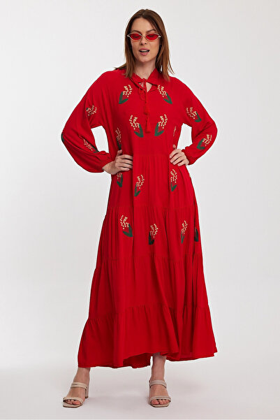 bacc Red Embroidered Long Length Women's Dress - Lace-up Collar and Layer Flounce Bcvl-24926