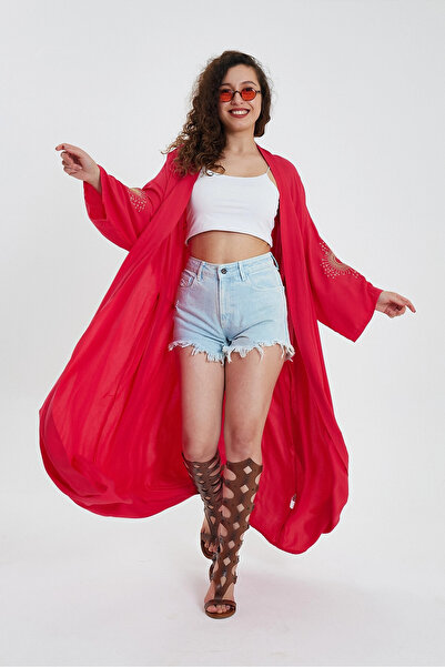 bacc Red Embroidered Long Kimono Jacket - Women's, Belt Bcvl-24911