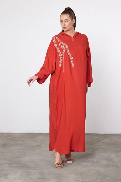 bacc Women's Red Embroidery Embroidered Maxi Size Knitted Viscon Dress Bcvl-25V037