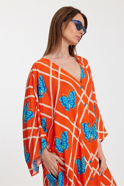 bacc Women's Orange V-Neck Floral Patterned Long Length Woven Shirt Dress Bcvl- 241032
