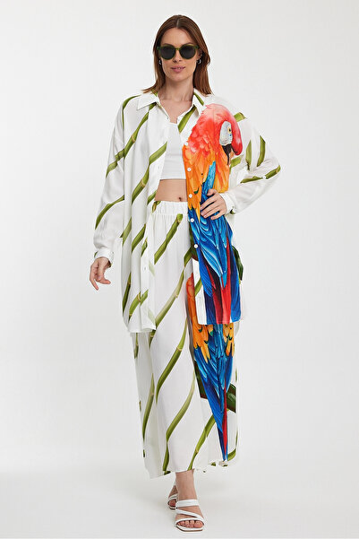 bacc Γυναικείο πράσινο ριγέ και εμπριμέ πουκάμισο και παντελόνι με υφαντό κάτω μέρος κοστούμι Bcvl-24934