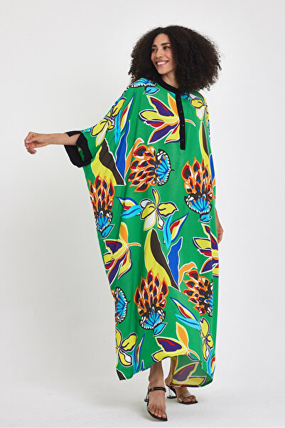 bacc Γυναικείο φόρεμα με πράσινο φλοράλ στάμπα γιακά - Long Woven Bcvl-24969