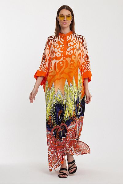 bacc Women's Orange Judge Collar Button Detailed Patterned Long Length Woven Dress Bcvl- 241037