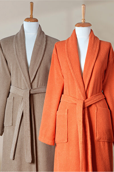 Ellaline 6 Piece Striped Bathrobe Set 100% Cotton Certified, Şalyaka Family Dowry Bathrobe Set Brown Orange