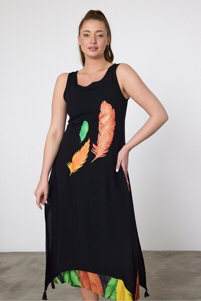 bacc Women's Maxi Length Orange Printed Piece Detailed Viscon Dress Bcvl-252025