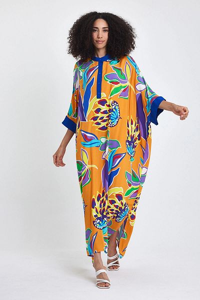 bacc Rochie țesătă lungă, portocaliu, cu guler de judecător, cu modele florale Bcvl-24969