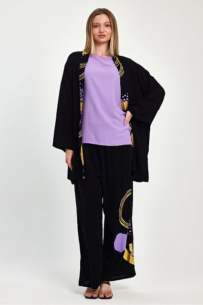 bacc Maxi Size Black Purple Printed Kimono and Trousers Woven Viscon Bottom Top Set Bcvl-251084