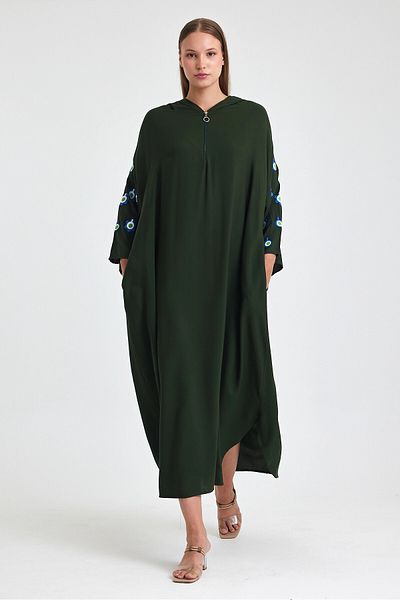 bacc Maxi Size Khaki Hooded Embroidery Embroidered Knitted Viscon Dress Bcvl-25981