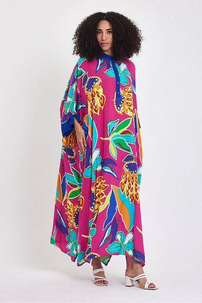 bacc Women's Fuchsia Judge Collar Floral Patterned Long Length Woven Dress Bcvl-24969