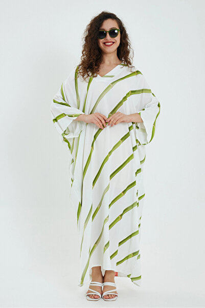 bacc Πράσινο ριγέ ριγέ γυναικείο φόρεμα με λαιμόκοψη V - εμπριμέ στην πλάτη Bcvl-24932