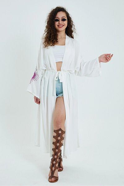bacc White Embroidered Long Kimono Jacket - Belted, Women, Bcvl-24911