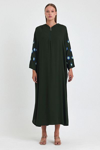 bacc Maxi Size Khaki Hooded Embroidery Embroidered Knitted Viscon Dress Bcvl-25981