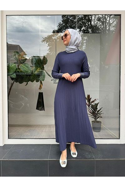 Invee Ribbed Knitwear Women's Dress Indigo