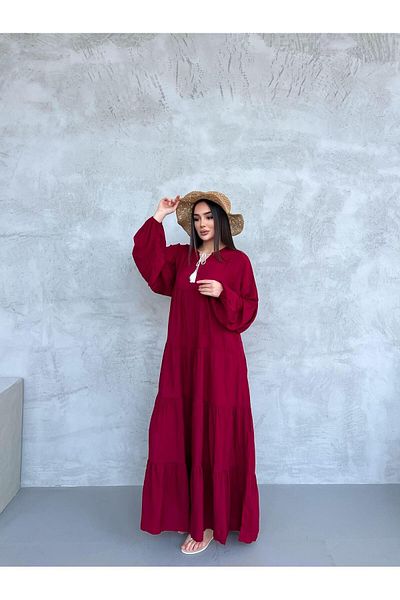 Att Attstil Summer Burgundy Folded Casual Dress with Lace Detail on the Front