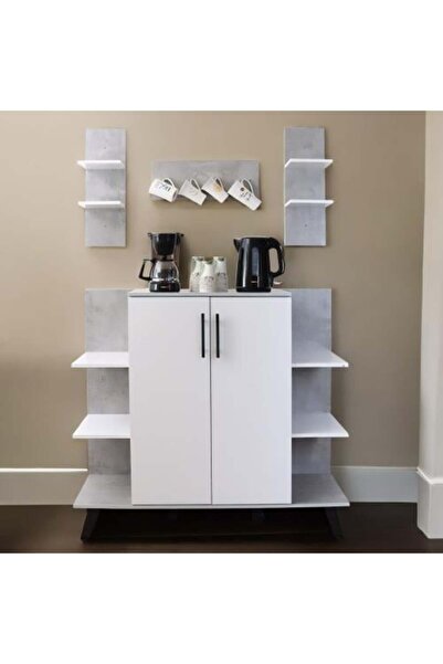 BAITY Wooden Coffee Corner for Home with 3 Drawers and Hanging Shelves - Gray and White